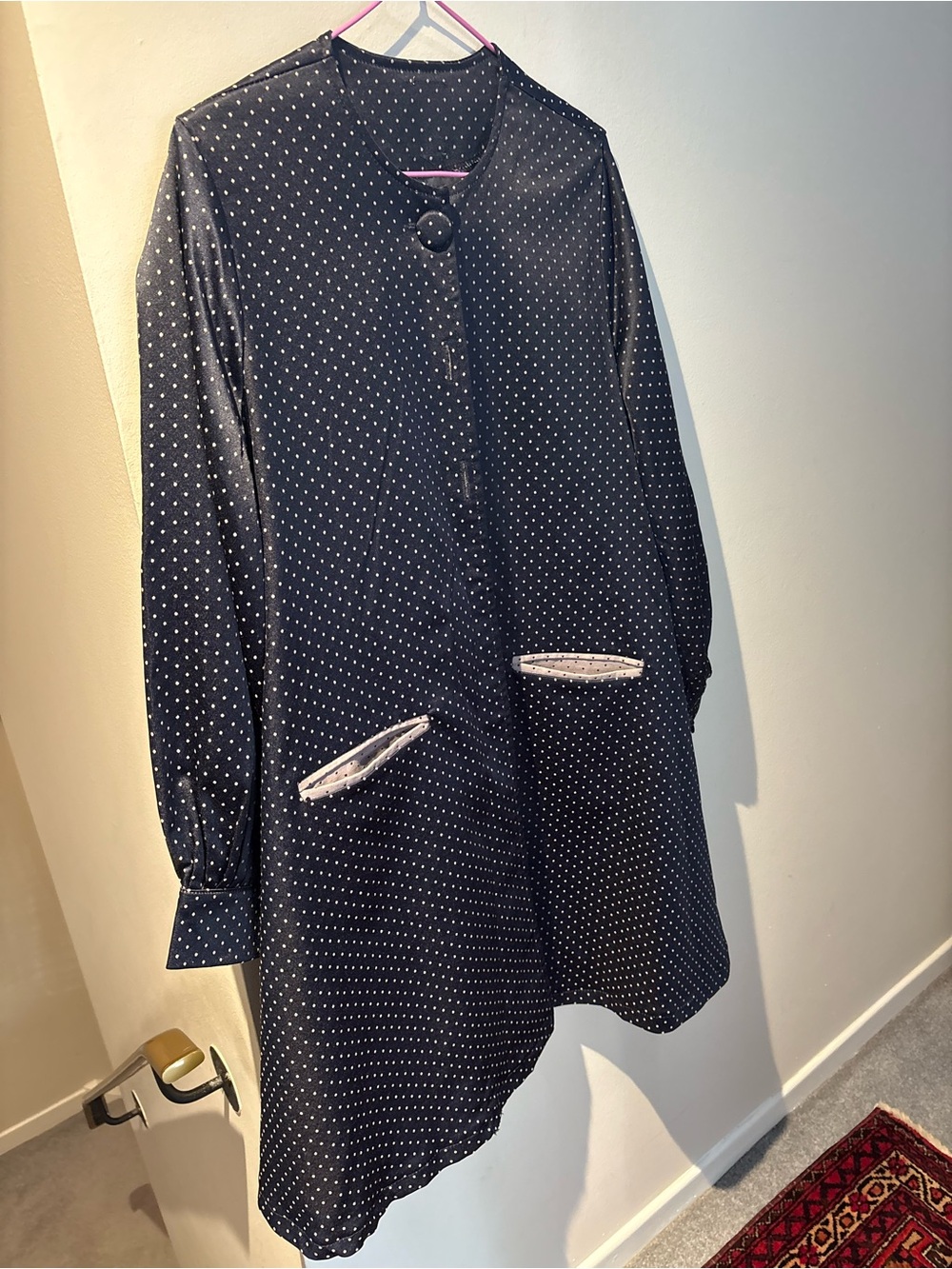 Navy Polka Dot A-Line Dress with Contrast Trim